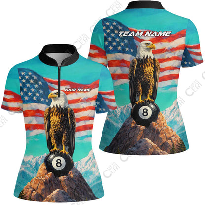 Customized Billiards Stand Collar Quarter Zip Short Sleeve Women's Shirt, Personalized American Flag With Eagle 8 Ball Jersey Gift For Billiard Players