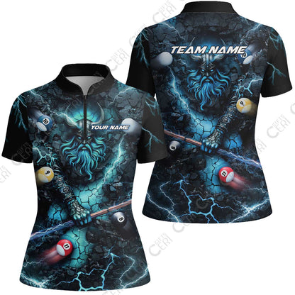Customized Billiards Stand Collar Quarter Zip Short Sleeve Women's Shirt, Personalized Thunder Viking Billiards Jersey Gift For Billiard Players