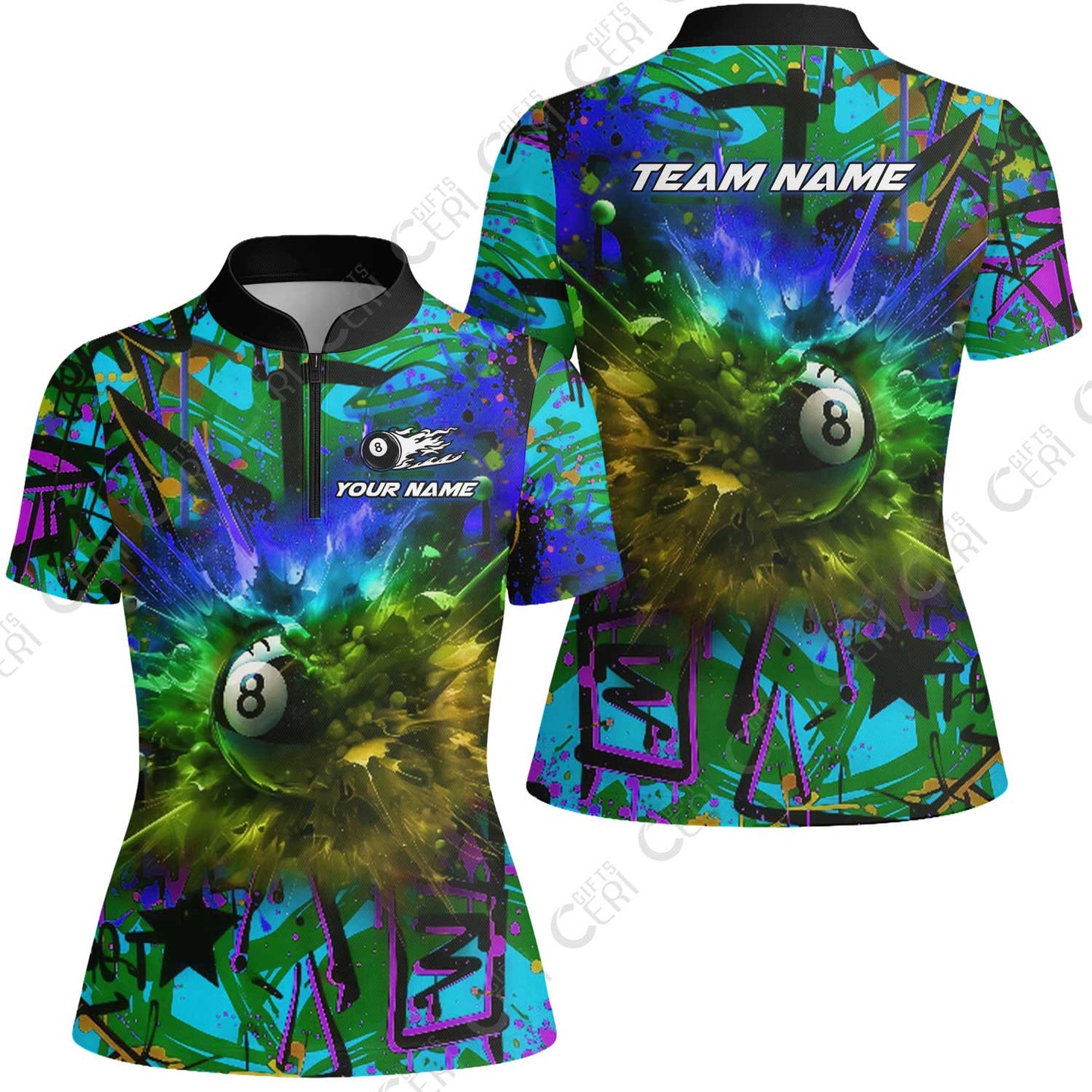 Customized Billiards Stand Collar Quarter Zip Short Sleeve Women's Shirt, Personalized Neon Chaos 8 Ball Jersey Gift For Billiard Players