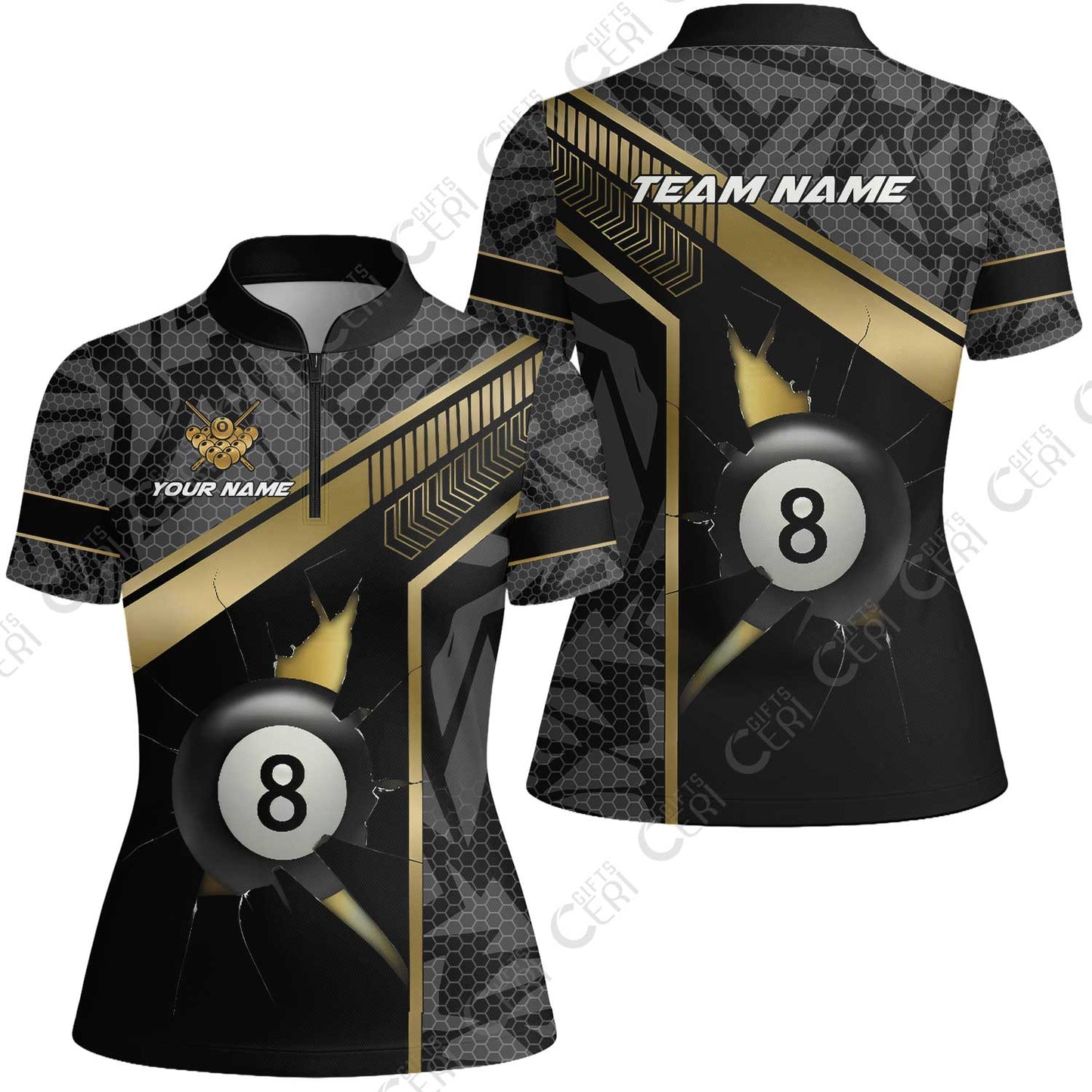 Customized Billiards Stand Collar Quarter Zip Short Sleeve Women's Shirt, Personalized Hexagonal Patterns With A Cracked Glass 8 Ball Jersey