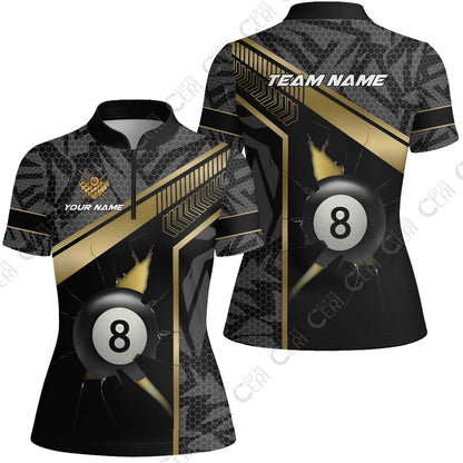 Customized Billiards Stand Collar Quarter Zip Short Sleeve Women's Shirt, Personalized Hexagonal Patterns With A Cracked Glass 8 Ball Jersey