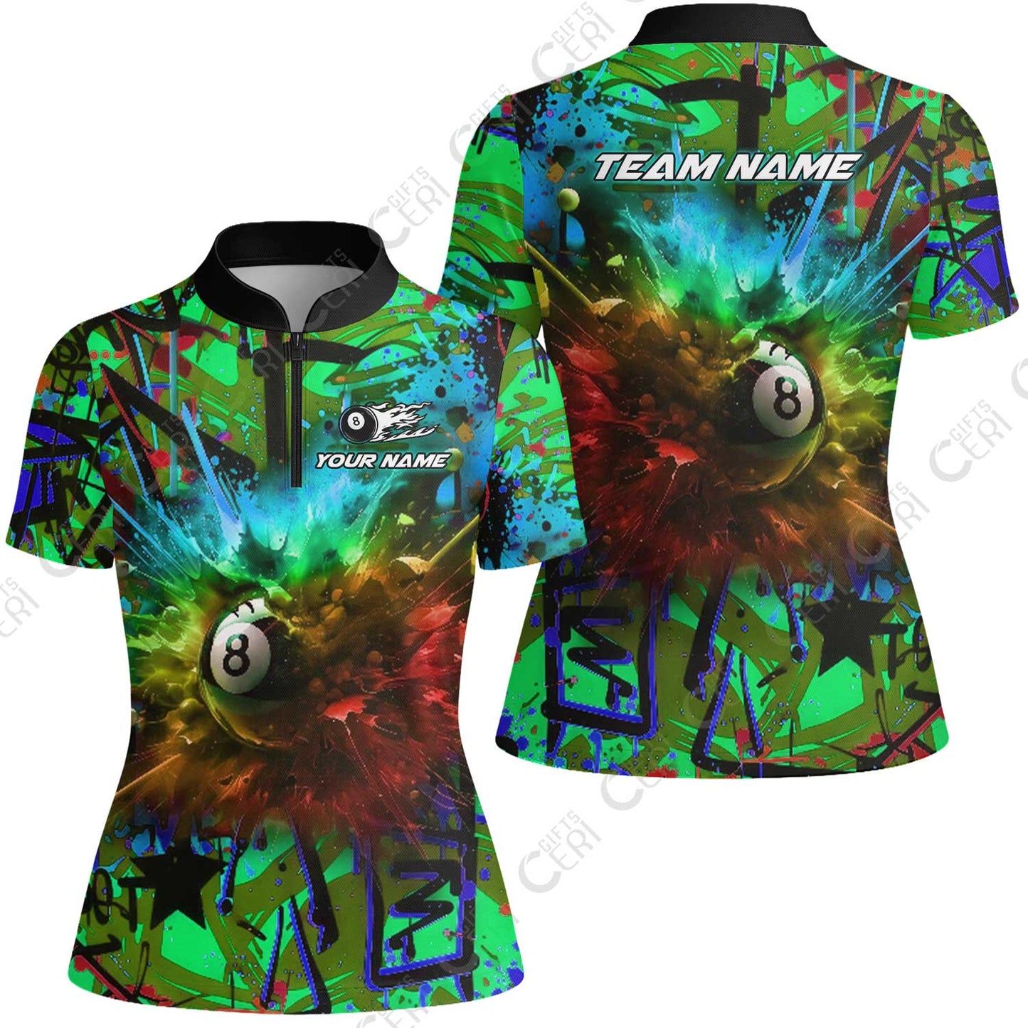 Customized Billiards Stand Collar Quarter Zip Short Sleeve Women's Shirt, Personalized Neon Chaos 8 Ball Jersey Gift For Billiard Players