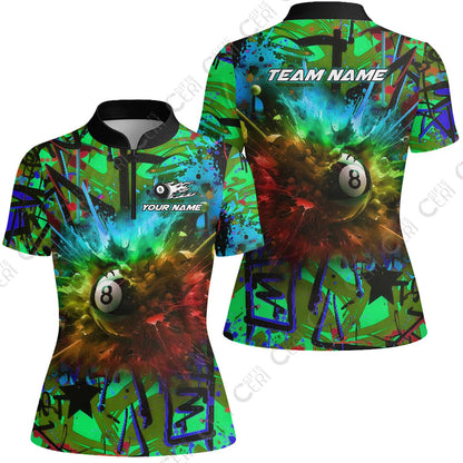 Customized Billiards Stand Collar Quarter Zip Short Sleeve Women's Shirt, Personalized Neon Chaos 8 Ball Jersey Gift For Billiard Players