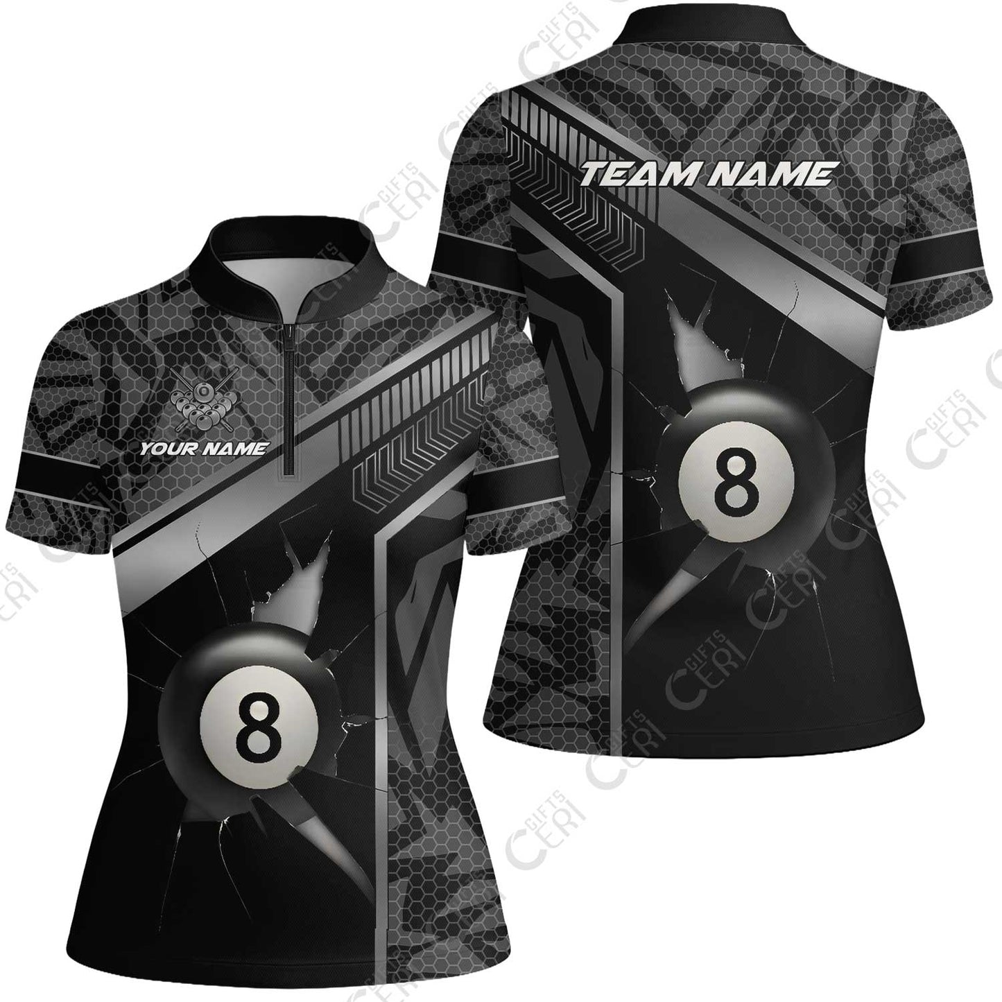 Customized Billiards Stand Collar Quarter Zip Short Sleeve Women's Shirt, Personalized Hexagonal Patterns With A Cracked Glass 8 Ball Jersey