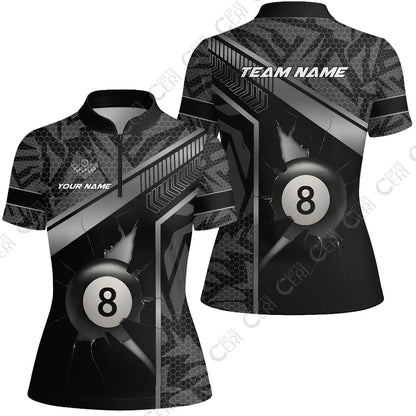 Customized Billiards Stand Collar Quarter Zip Short Sleeve Women's Shirt, Personalized Hexagonal Patterns With A Cracked Glass 8 Ball Jersey