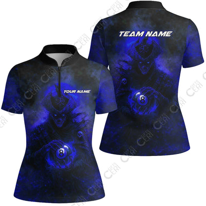 Customized Billiards Stand Collar Quarter Zip Short Sleeve Women's Shirt, Personalized Ghost Captains 8 Ball Jersey Gift For Billiard Players