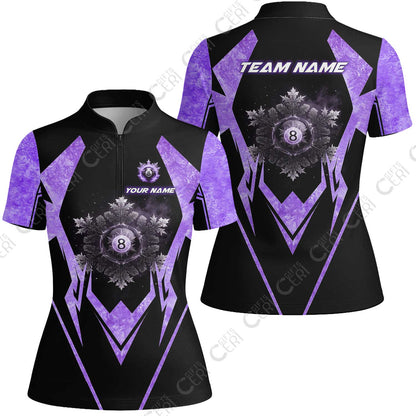 Customized Billiards Stand Collar Quarter Zip Short Sleeve Women's Shirt, Personalized Ice Break 8 Ball Jersey Gift For Billiard Players