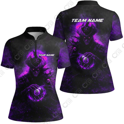 Customized Billiards Stand Collar Quarter Zip Short Sleeve Women's Shirt, Personalized Ghost Captains 8 Ball Jersey Gift For Billiard Players