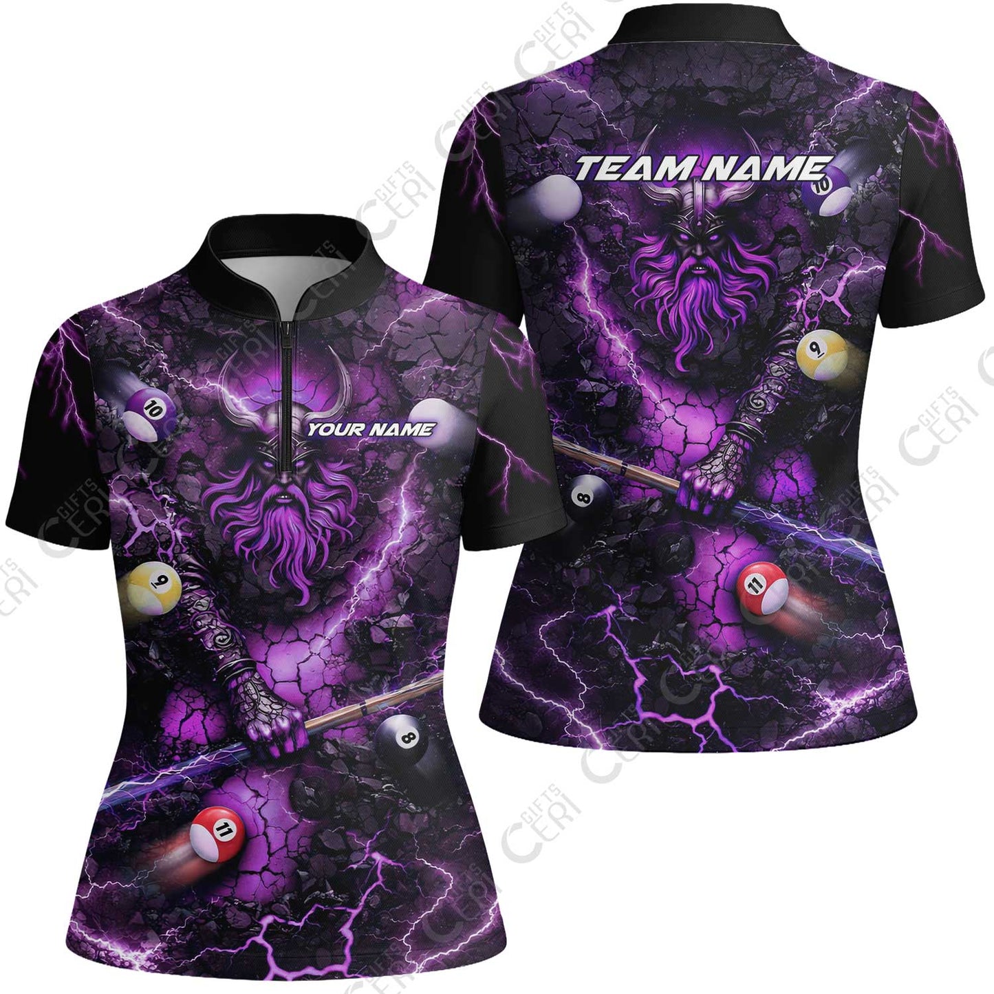 Customized Billiards Stand Collar Quarter Zip Short Sleeve Women's Shirt, Personalized Thunder Viking Billiards Jersey Gift For Billiard Players
