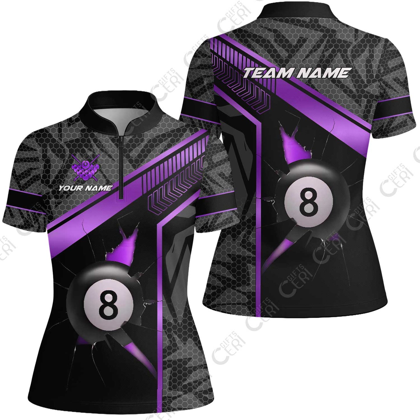 Customized Billiards Stand Collar Quarter Zip Short Sleeve Women's Shirt, Personalized Hexagonal Patterns With A Cracked Glass 8 Ball Jersey