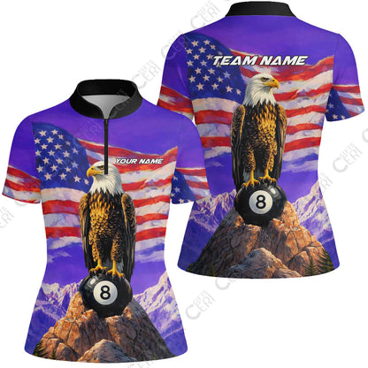 Customized Billiards Stand Collar Quarter Zip Short Sleeve Women's Shirt, Personalized American Flag With Eagle 8 Ball Jersey Gift For Billiard Players
