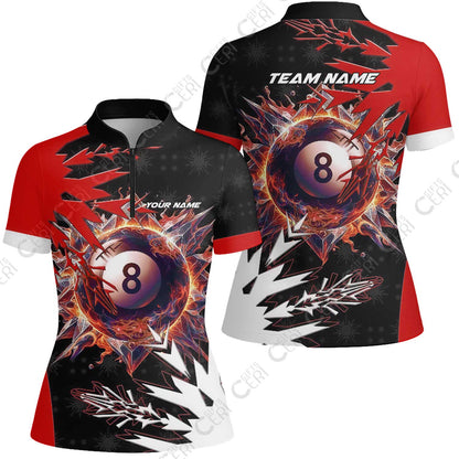 Customized Billiards Stand Collar Quarter Zip Short Sleeve Women's Shirt, Personalized Frostfire 8 Ball Jersey Gift For Billiard Players