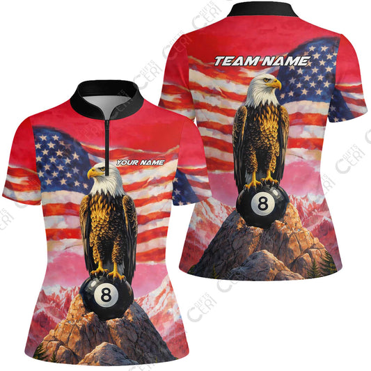 Customized Billiards Stand Collar Quarter Zip Short Sleeve Women's Shirt, Personalized American Flag With Eagle 8 Ball Jersey Gift For Billiard Players