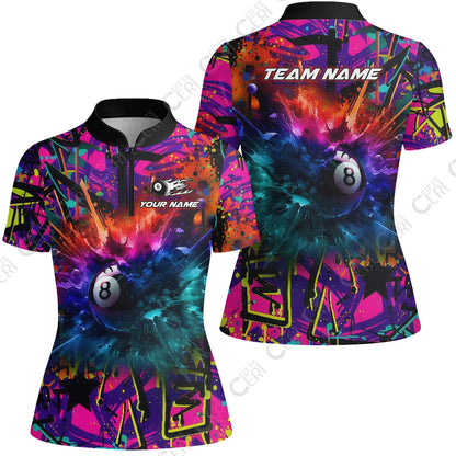 Customized Billiards Stand Collar Quarter Zip Short Sleeve Women's Shirt, Personalized Neon Chaos 8 Ball Jersey Gift For Billiard Players