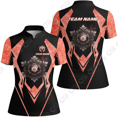 Customized Billiards Stand Collar Quarter Zip Short Sleeve Women's Shirt, Personalized Ice Break 8 Ball Jersey Gift For Billiard Players