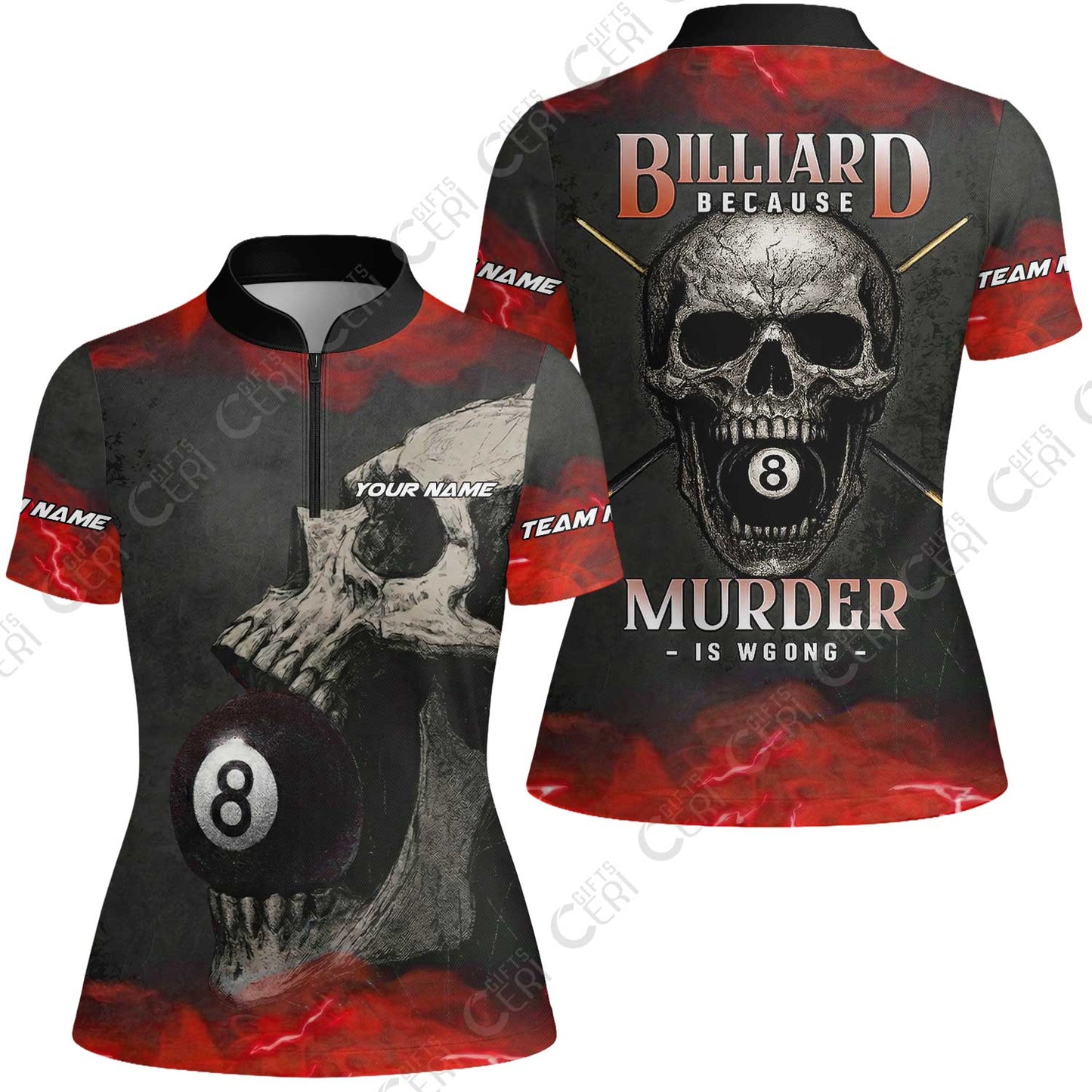 Customized Billiards Stand Collar Quarter Zip Short Sleeve Women's Shirt, Personalized Death Break 8 Ball Jersey Gift For Billiard Players