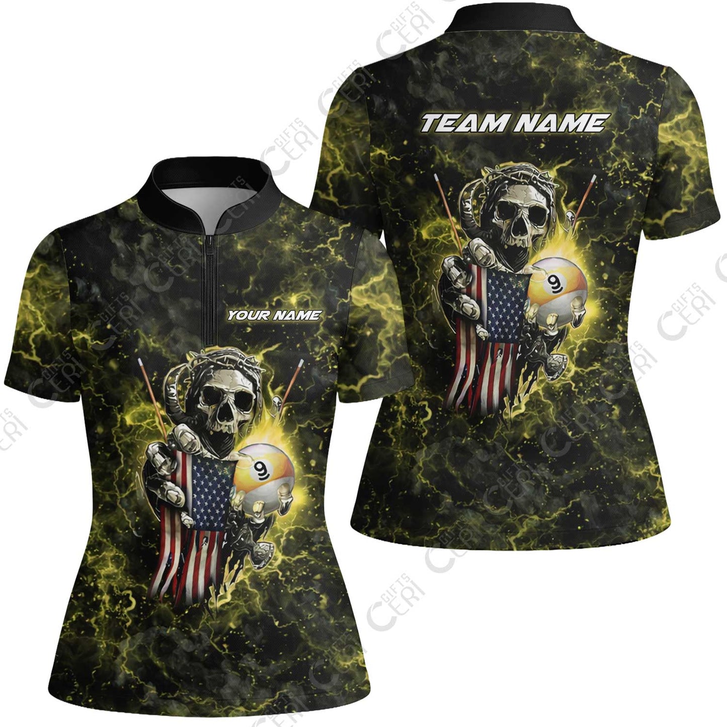 Customized Billiards Stand Collar Quarter Zip Short Sleeve Women's Shirt, Personalized Ghost Break 9 Ball Jersey Gift For Billiard Players