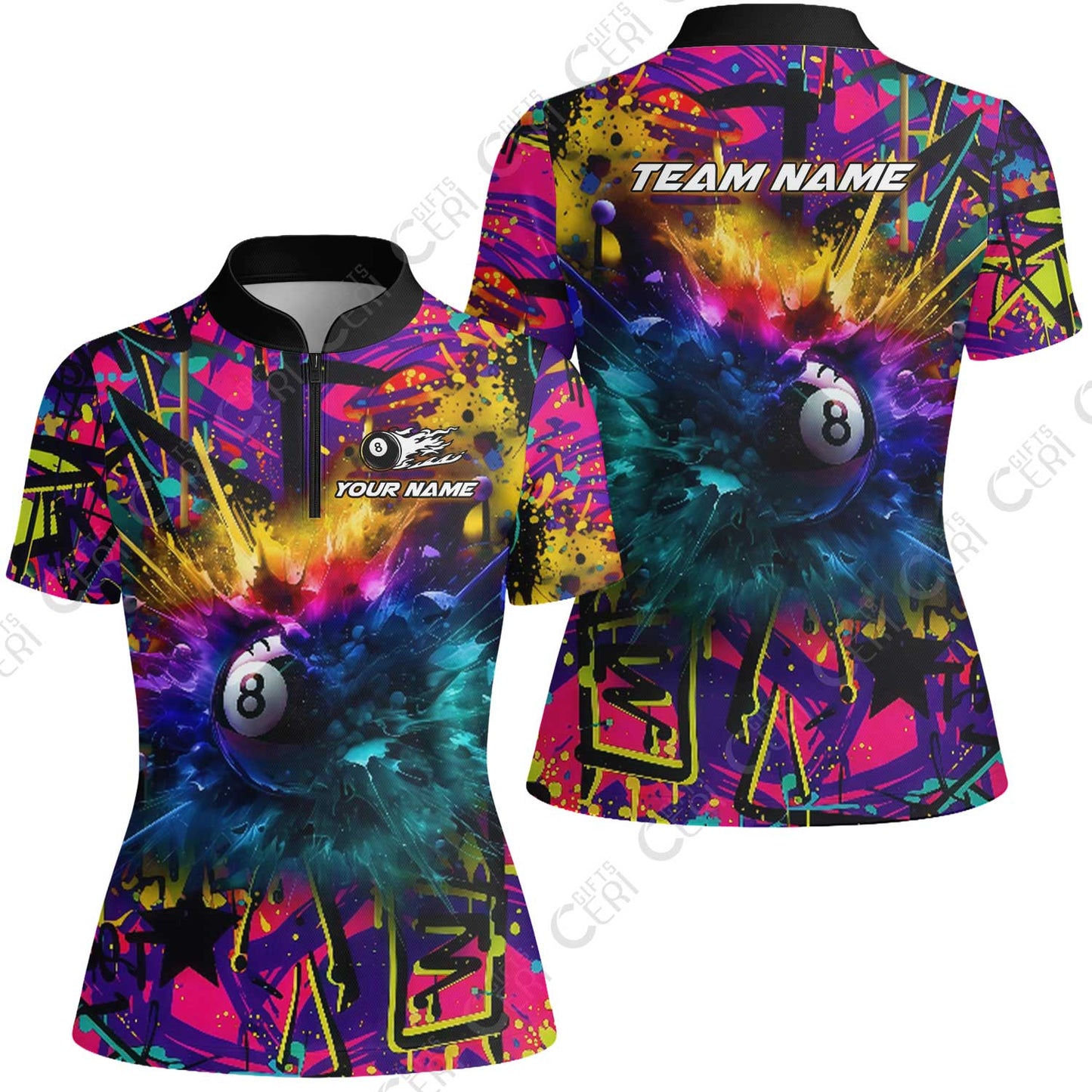 Customized Billiards Stand Collar Quarter Zip Short Sleeve Women's Shirt, Personalized Neon Chaos 8 Ball Jersey Gift For Billiard Players