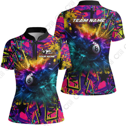 Customized Billiards Stand Collar Quarter Zip Short Sleeve Women's Shirt, Personalized Neon Chaos 8 Ball Jersey Gift For Billiard Players