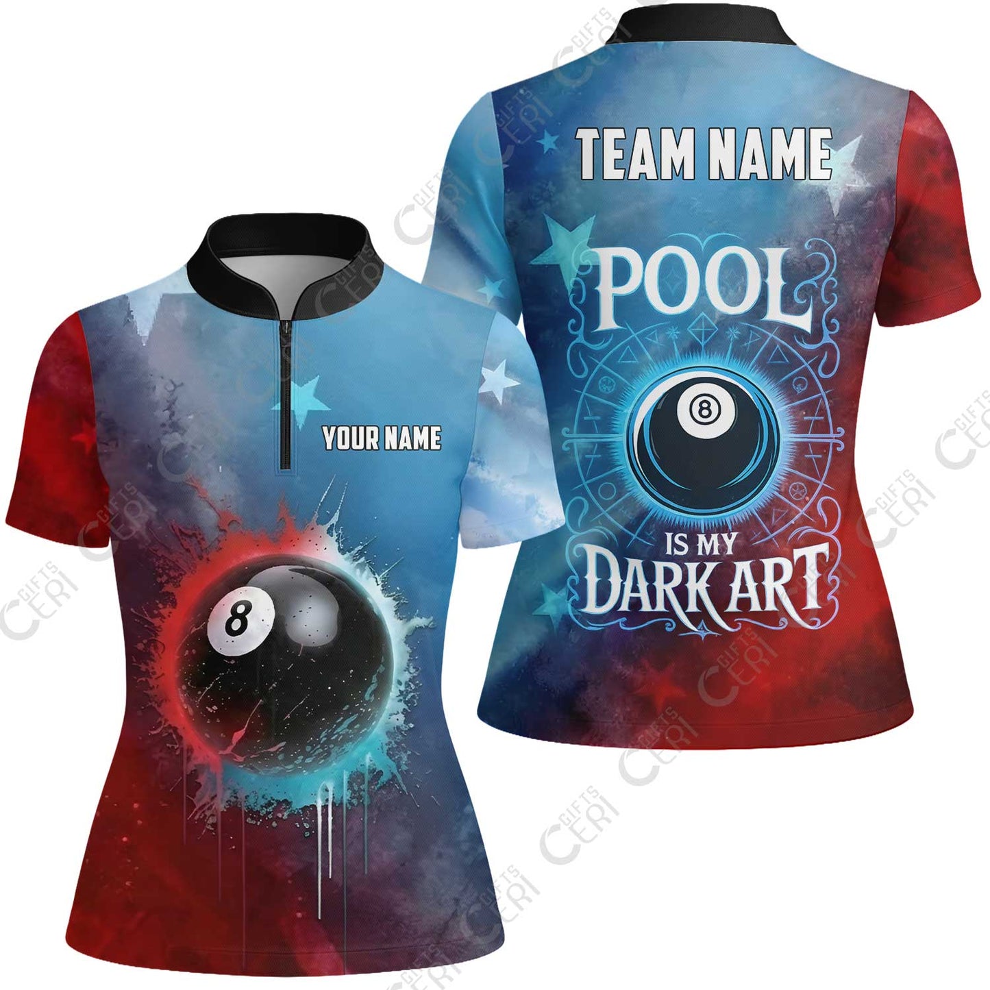 Customized 8 Ball Pool Stand Collar Quarter-Zip Short Sleeve Women's Shirt, Billiards 8-Ball Pool Is My Dark Art, Billiards Jerseys
