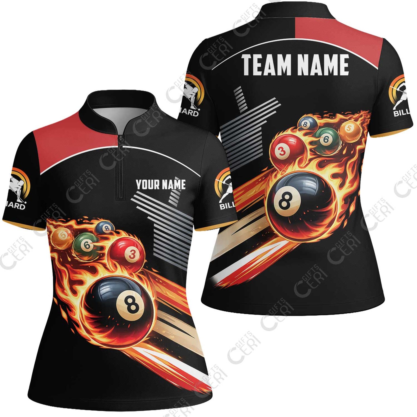 Customized 8 Ball Pool Stand Collar Quarter-Zip Short Sleeve Women's Shirt, Billiards 8-Ball The Balls Are Burning, Billiards Jerseys