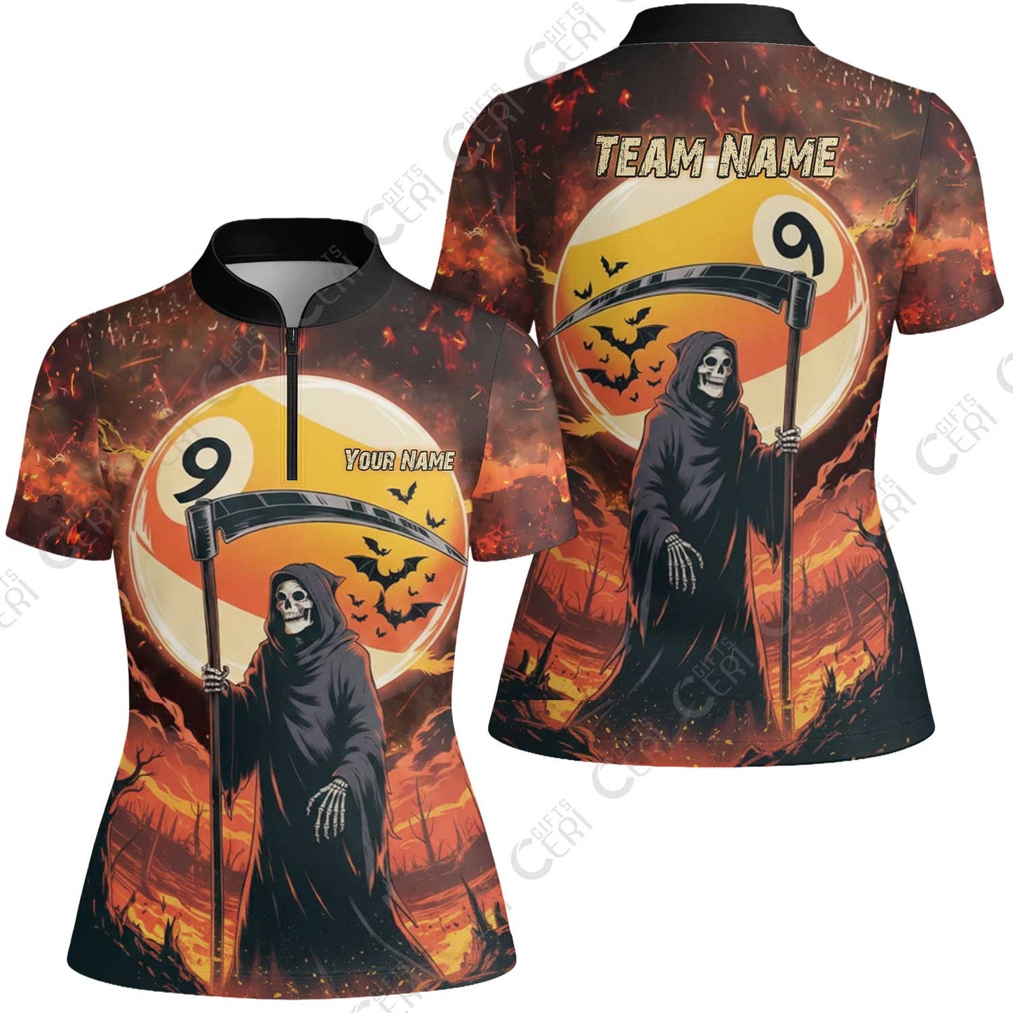 Customized Billiards Stand Collar Quarter-Zip Short Sleeve Women's Shirt, Halloween Grim Reaper Death Shot 9 Ball Jersey