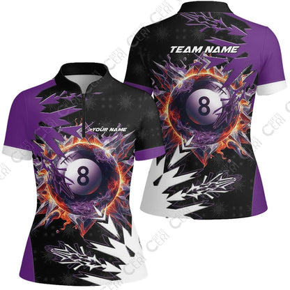 Customized Billiards Stand Collar Quarter Zip Short Sleeve Women's Shirt, Personalized Frostfire 8 Ball Jersey Gift For Billiard Players