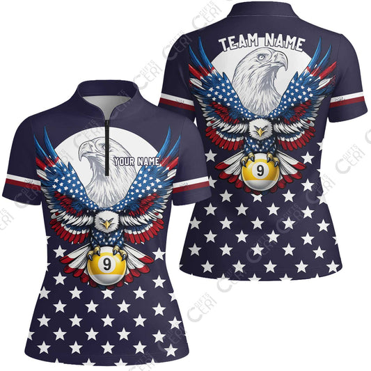 Customized 9 Ball Pool Stand Collar Quarter-Zip Short Sleeve Women's Shirt, American Eagle Billiards 9-Ball, Personalized Billiards Jersey