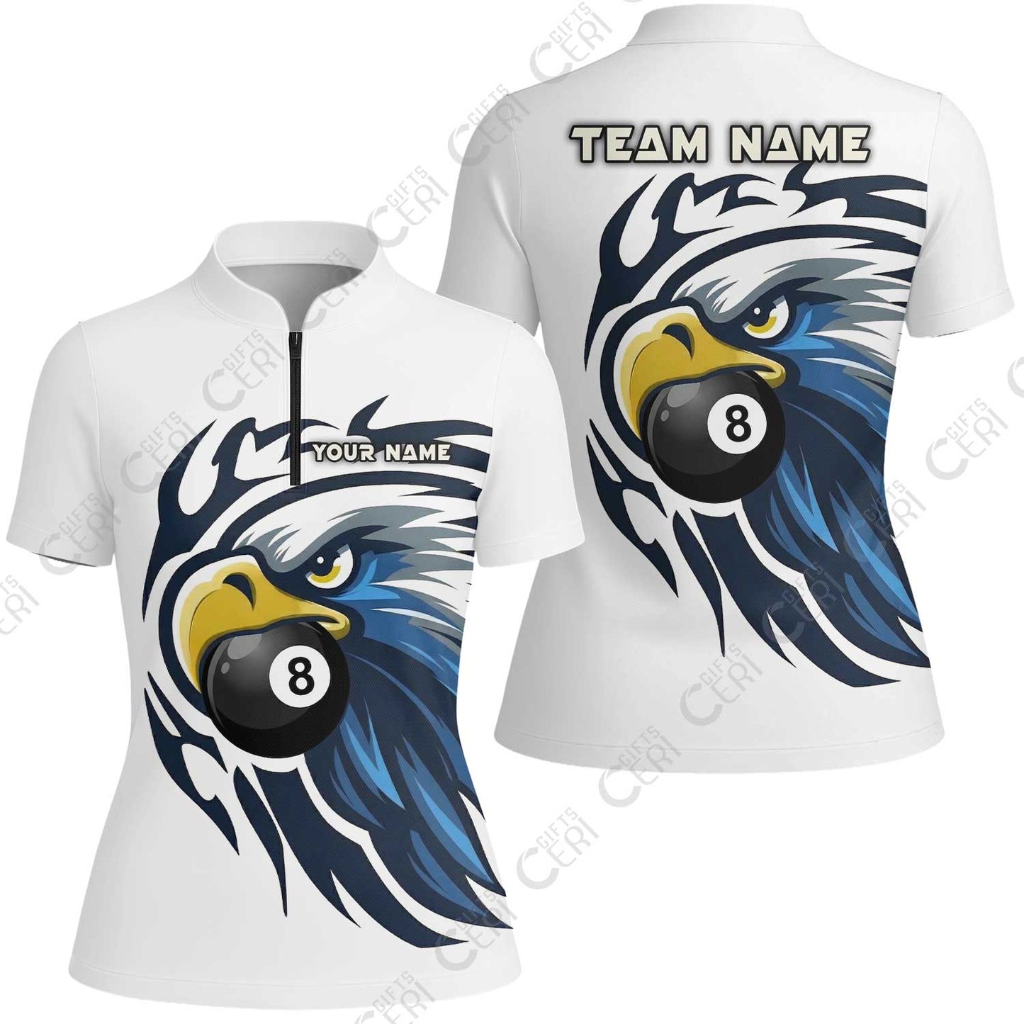 Customized 8 Ball Pool Stand Collar Quarter-Zip Short Sleeve Women's Shirt, Eagle Eye 8-Ball, Personalized Billiards Jersey