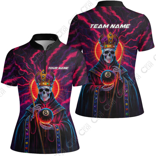 Customized 8 Ball Pool Stand Collar Quarter-Zip Short Sleeve Women's Shirt, Billiard 8-Ball Necromancer, Billiards Jerseys
