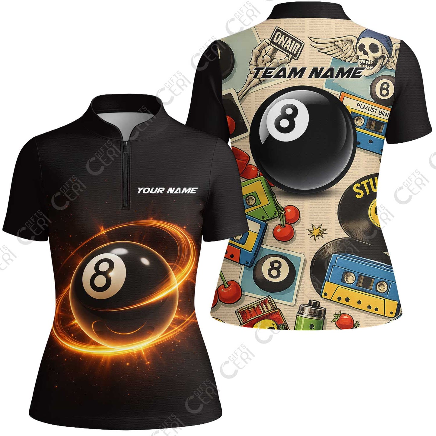 Customized 8 Ball Pool Stand Collar Quarter-Zip Short Sleeve Women's Shirt, Billiard 8-Ball Retro Vibes, Billiards Jerseys