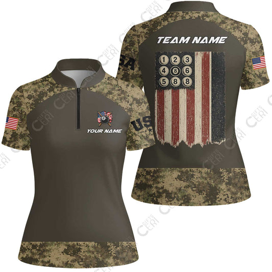 Customized 8 Ball Pool Stand Collar Quarter-Zip Short Sleeve Women's Shirt, Billiard 8-Ball American Pool Warrior, Billiards Jerseys
