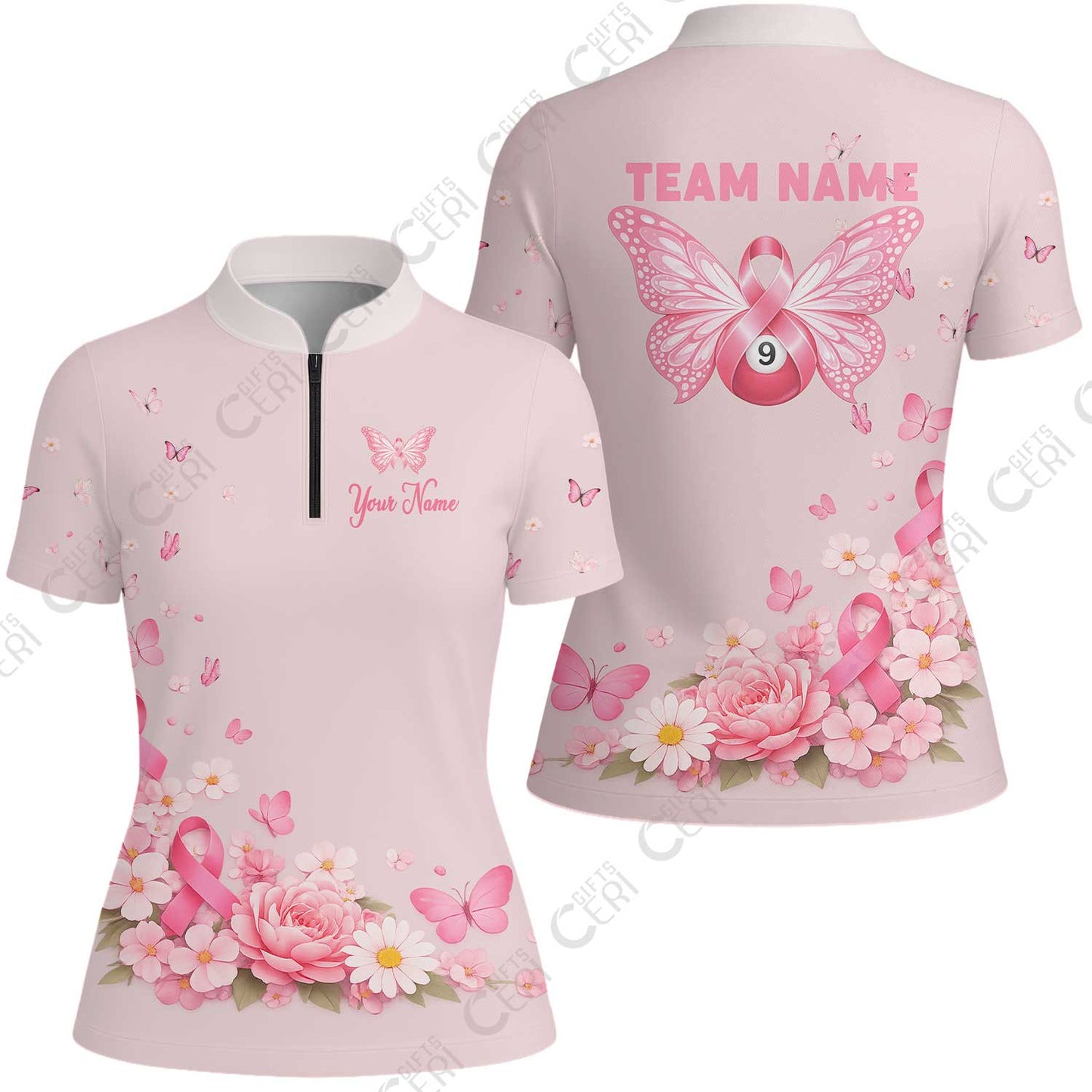 Customized 9 Ball Pool Stand Collar Quarter-Zip Short Sleeve Women's Shirt, Floral Butterfly Billiards 9-Ball, Personalized Billiards Jersey