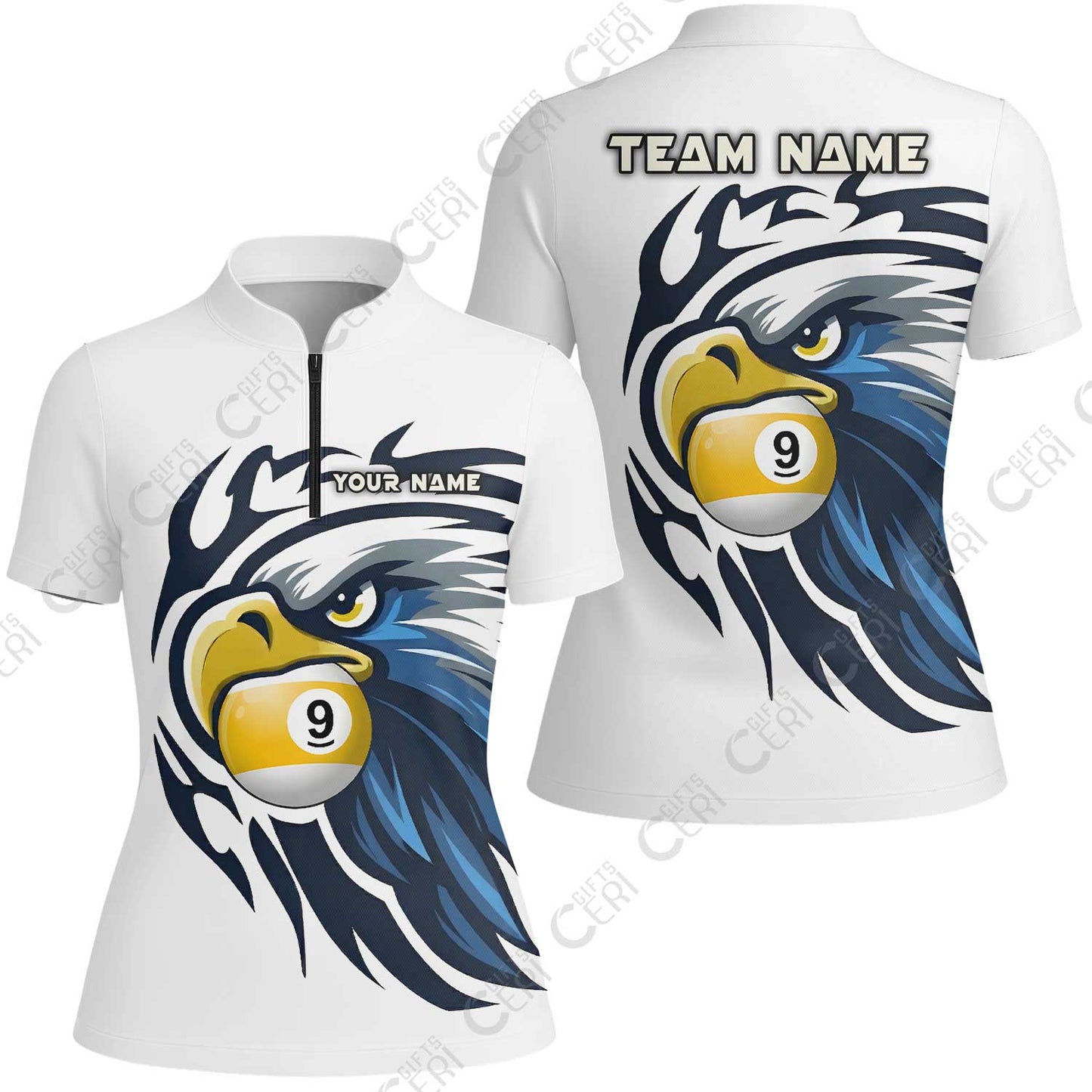 Customized 9 Ball Pool Stand Collar Quarter-Zip Short Sleeve Women's Shirt, Eagle Eye 9-Ball, Personalized Billiards Jersey