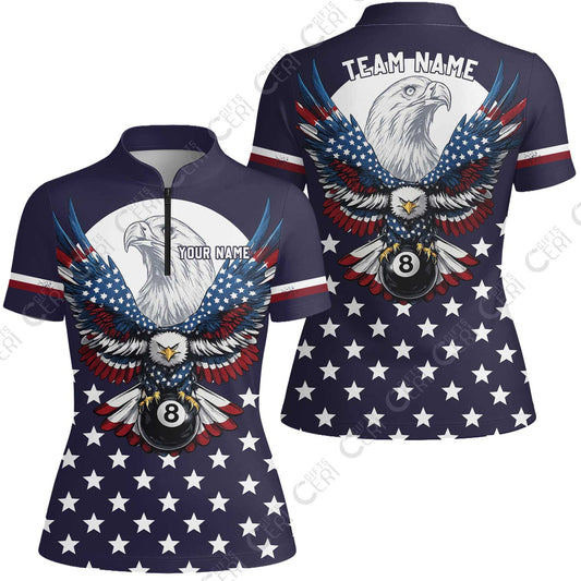 Customized 8 Ball Pool Stand Collar Quarter-Zip Short Sleeve Women's Shirt, American Eagle Billiards 8-Ball, Personalized Billiards Jersey