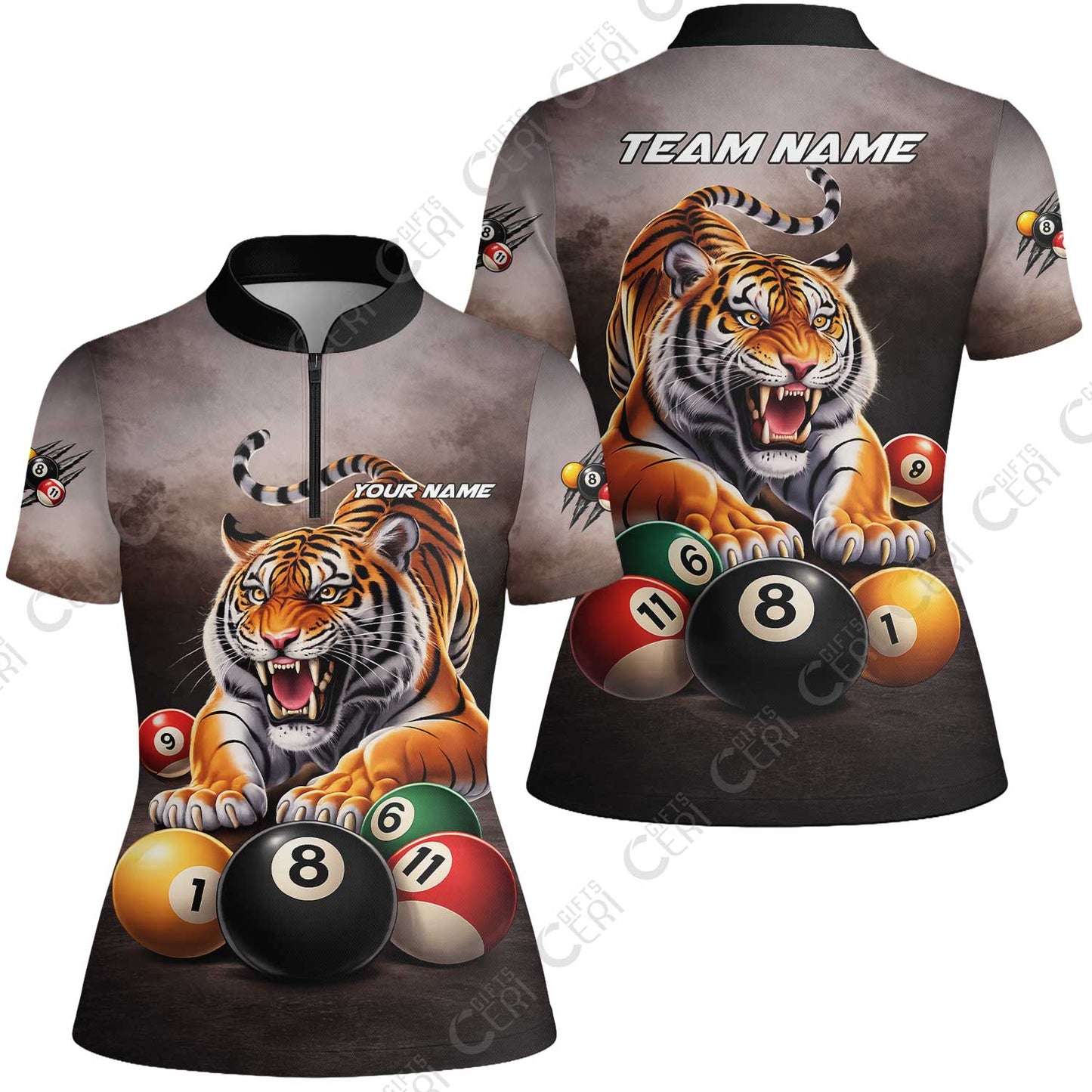 Customized 8 Ball Pool Stand Collar Quarter-Zip Short Sleeve Women's Shirt, Billiards 8-Ball Colorful Tiger Break, Billiards Jerseys