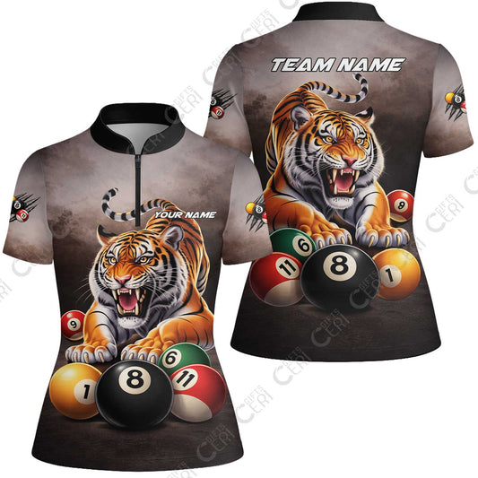 Customized 8 Ball Pool Stand Collar Quarter-Zip Short Sleeve Women's Shirt, Billiards 8-Ball Colorful Tiger Break, Billiards Jerseys