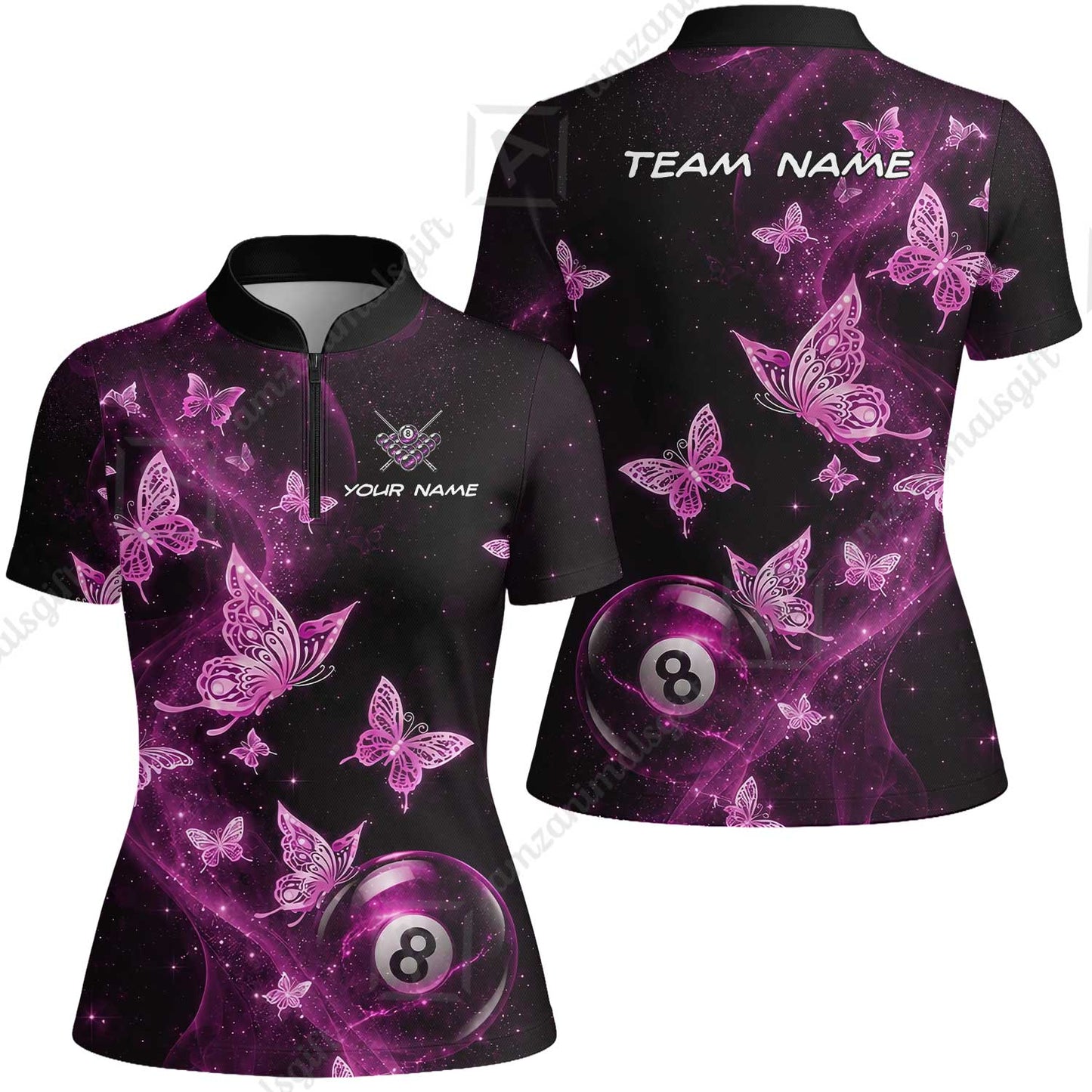 Customized 8 Ball Pool Stand Collar Quarter-Zip Short Sleeve Women's Shirt, Galaxy And Butterflies, Personalized Billiards Jersey