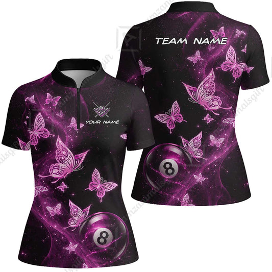 Customized 8 Ball Pool Stand Collar Quarter-Zip Short Sleeve Women's Shirt, Galaxy And Butterflies, Personalized Billiards Jersey