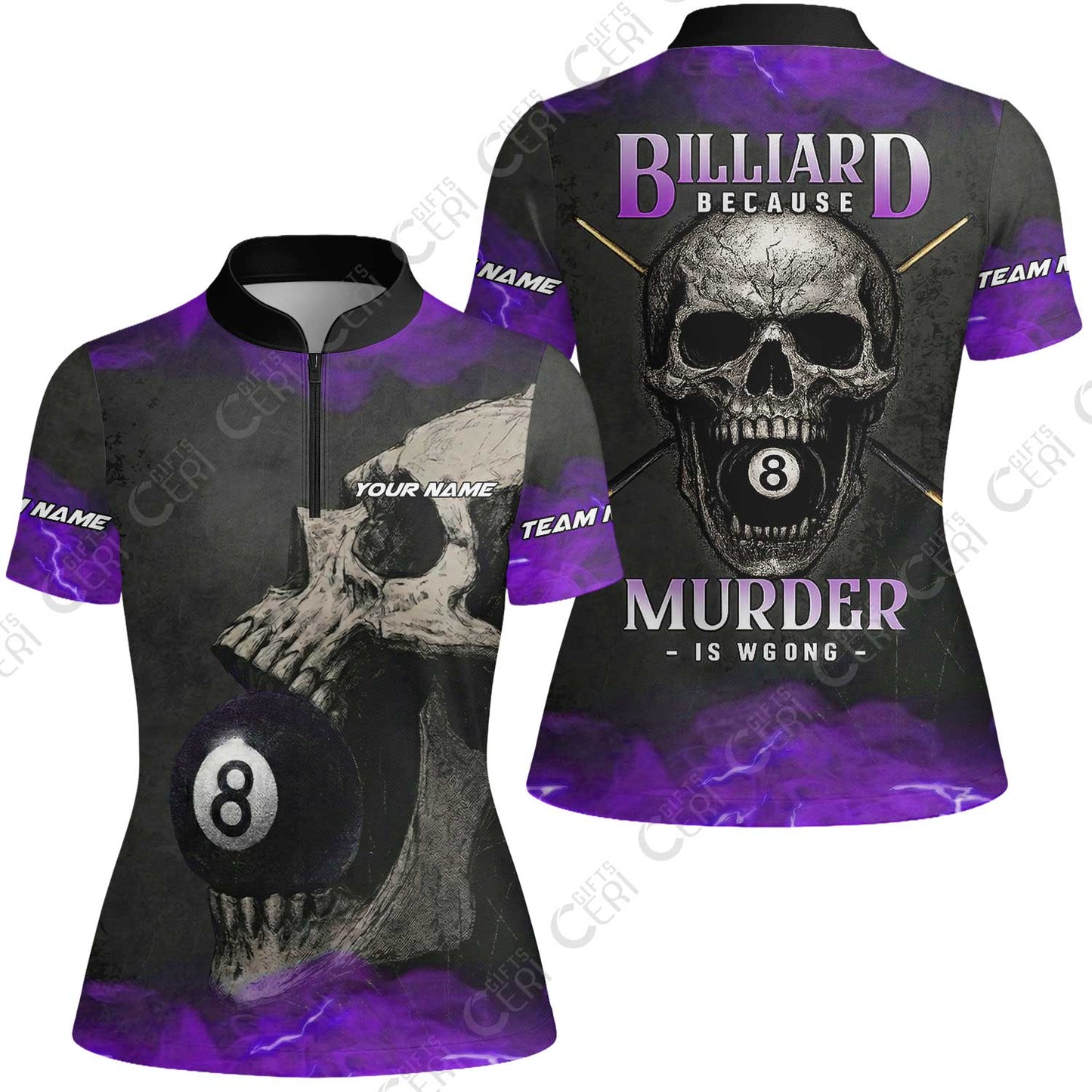 Customized Billiards Stand Collar Quarter Zip Short Sleeve Women's Shirt, Personalized Death Break 8 Ball Jersey Gift For Billiard Players