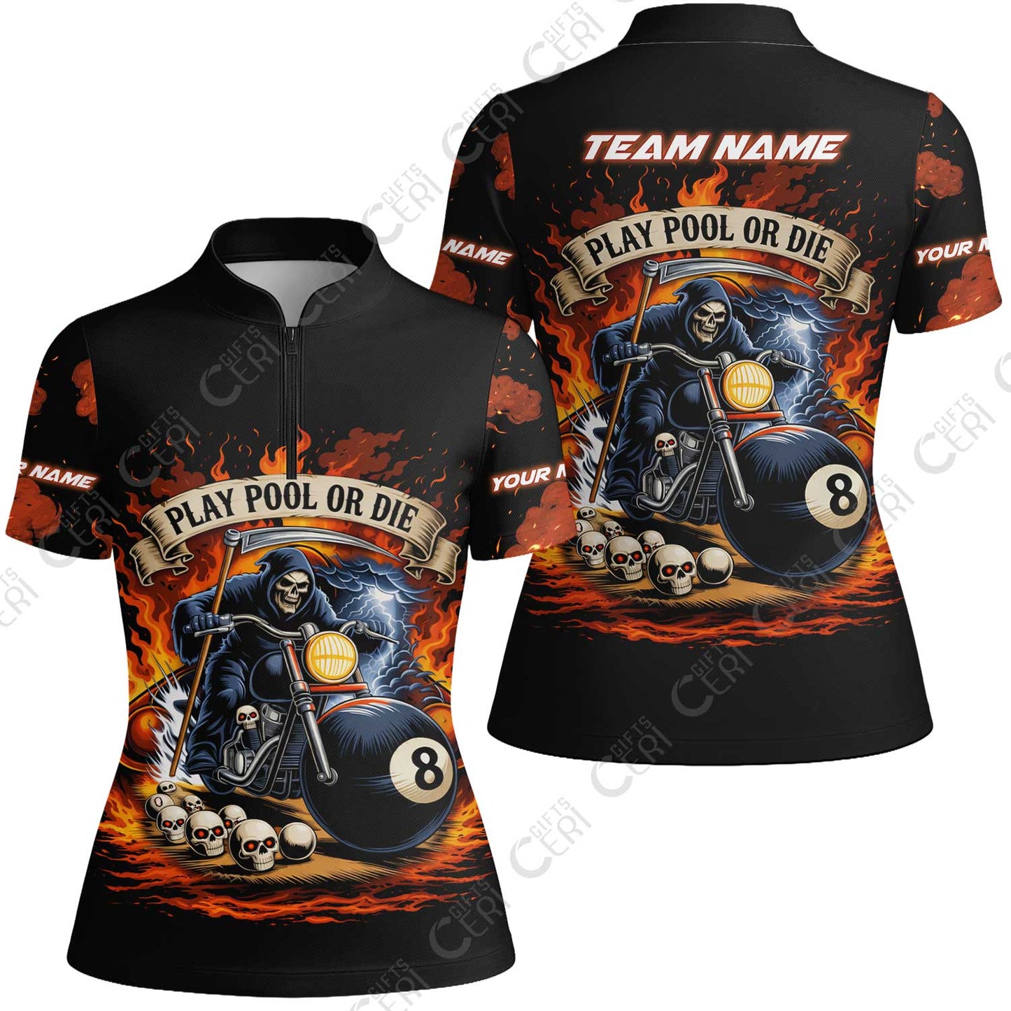 Customized 8 Ball Pool Stand Collar Quarter-Zip Short Sleeve Women's Shirt, Billiards 8-Ball Hell Riders, Billiards Jerseys
