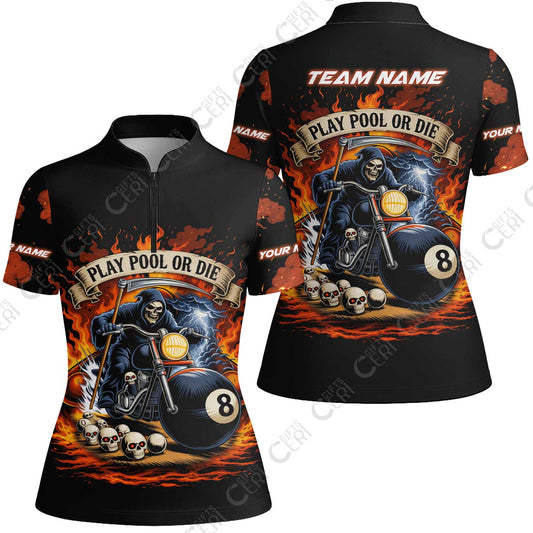 Customized 8 Ball Pool Stand Collar Quarter-Zip Short Sleeve Women's Shirt, Billiards 8-Ball Hell Riders, Billiards Jerseys