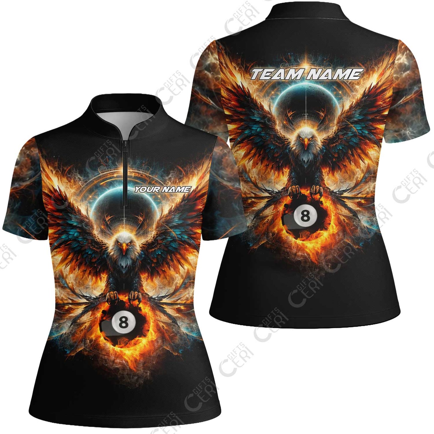 Customized 8 Ball Pool Stand Collar Quarter-Zip Short Sleeve Women's Shirt, Billiard Phantom 8-Ball Flame Eagle, Billiards Jerseys