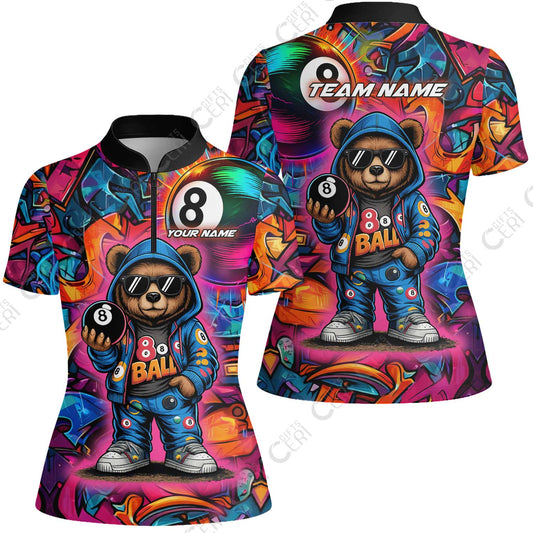 Customized 8 Ball Pool Stand Collar Quarter-Zip Short Sleeve Women's Shirt, Billiard 8-Ball Street Legend, Billiards Jerseys