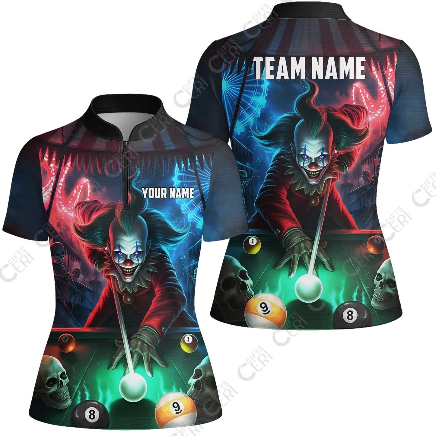 Customized Billiards Stand Collar Quarter-Zip Short Sleeve Women's Shirt, 8 & 9 Ball Pool Nightmare Billiards Clown Jersey, Billiards Jerseys