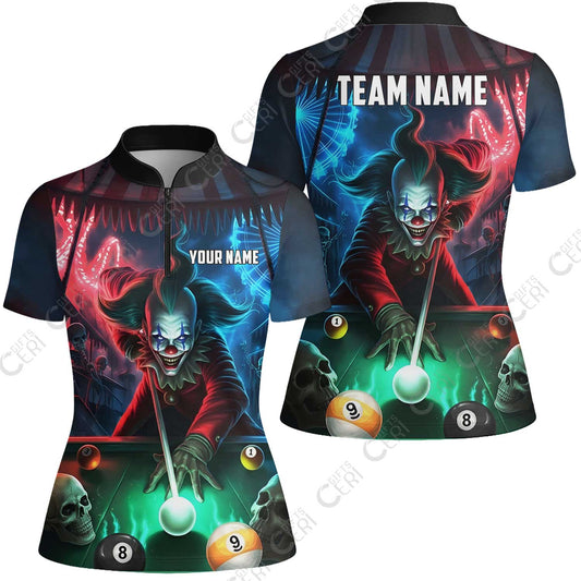 Customized Billiards Stand Collar Quarter-Zip Short Sleeve Women's Shirt, 8 & 9 Ball Pool Nightmare Billiards Clown Jersey, Billiards Jerseys