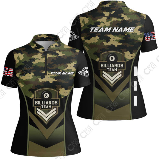 Customized 8 Ball Pool Stand Collar Quarter-Zip Short Sleeve Women's Shirt, Camo Billiards Elite Billiard 8-Ball, Billiards Jerseys