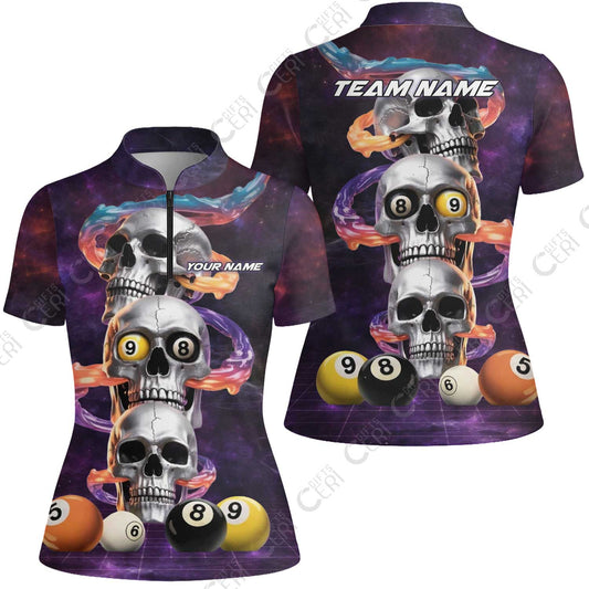 Customized 8 Ball Pool Stand Collar Quarter-Zip Short Sleeve Women's Shirt, Billiards 8-Ball Galaxy Reaper, Billiards Jerseys
