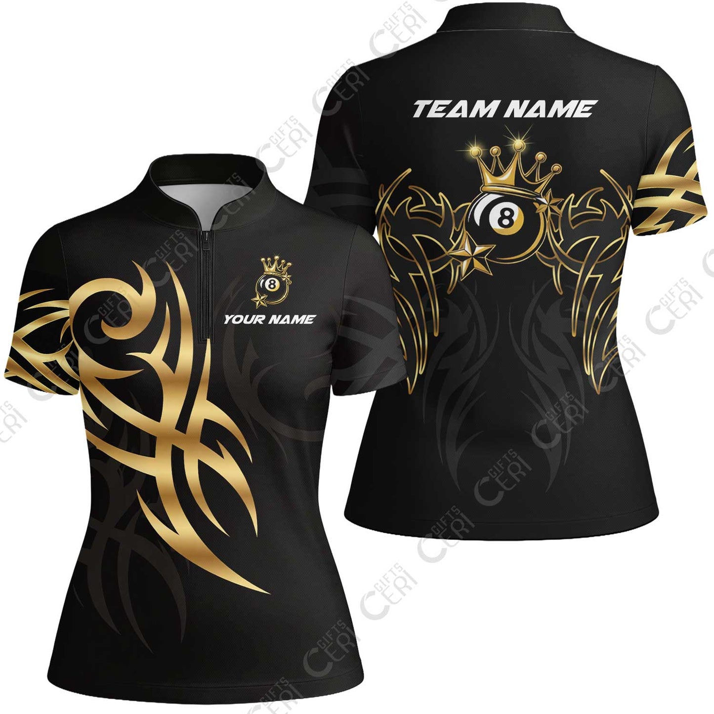 Customized 8 Ball Pool Stand Collar Quarter-Zip Short Sleeve Women's Shirt, Billiard 8-Ball Crown And Stars, Billiards Jerseys