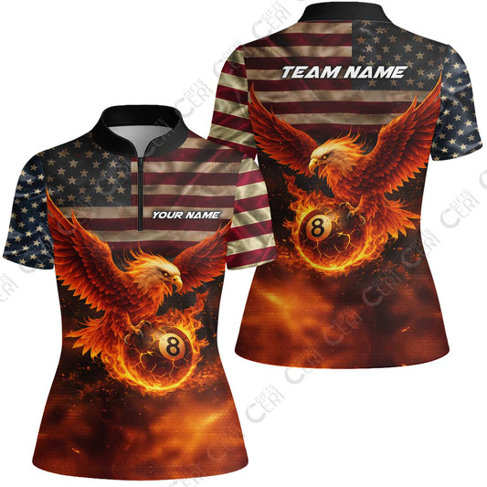 Customized 8 Ball Pool Stand Collar Quarter-Zip Short Sleeve Women's Shirt, Billiards 8-Ball American Flag Fire Eagle, Billiards Jerseys